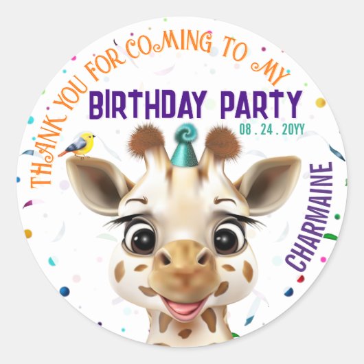 Giraffe Confetti Kids Birthday ラウンドシール (正面)