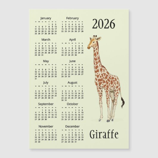 Giraffe Design 2026 Calendar Magnetic Card (正面)