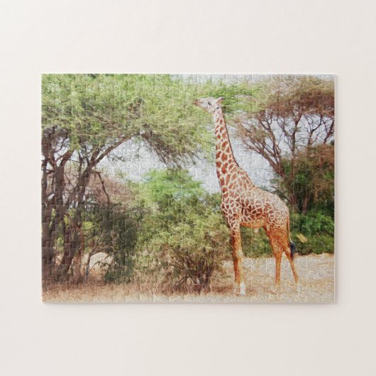 Giraffe Eating Leaves Painting Photo ジグソーパズル (横)