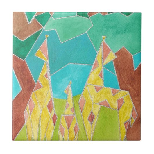 Giraffe Family Original Abstract Art タイル (正面)
