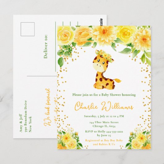 Giraffe Gender Neutral Baby Shower ポストカード (正面/裏面)