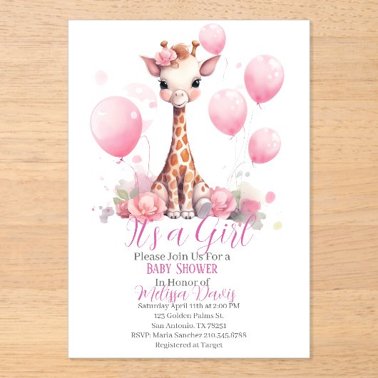 Giraffe Girl Baby Shower Invitation アクリル招待状 (正面)