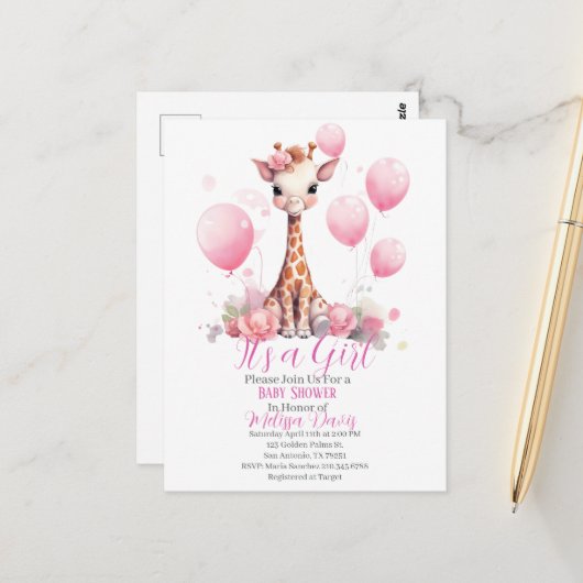 Giraffe Girl Baby Shower Invitation ポストカード (正面/裏面インサイチュ)