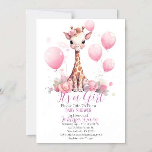 Giraffe Girl Baby Shower Invitation マグネット招待状 (正面)