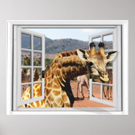 Giraffe in Fake Window View Trompe l'oeil Effect ポスター