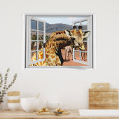 Giraffe in Fake Window View Trompe l'oeil Effect ポスター (キッチン)