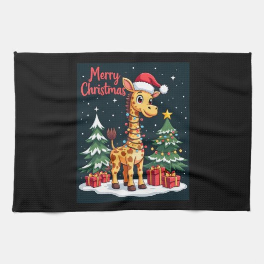 Giraffe Merry Christmas Tree Lighting Santa Giraff キッチンタオル (横)