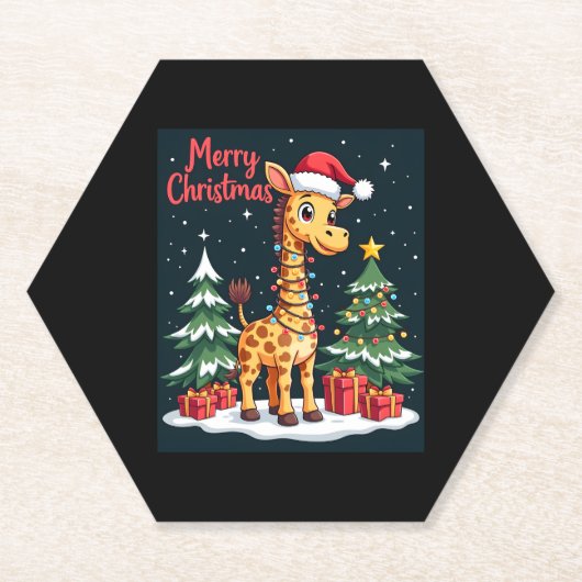 Giraffe Merry Christmas Tree Lighting Santa Giraff ペーパーコースター (正面)