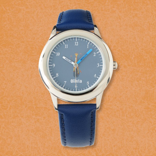 Giraffe on a Unicycle Kid Blue Watch with Name 腕時計 (Funny giraffe on a unicycle kid personalized beginner watch .)