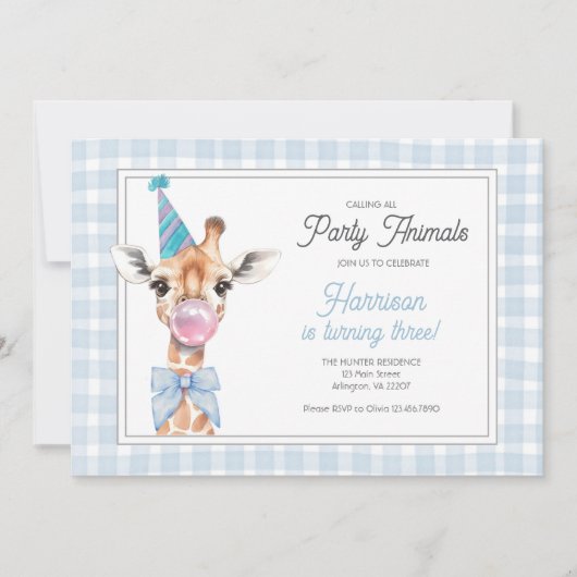 Giraffe Party Animal Birthday Invitation – Blue 招待状 (正面)