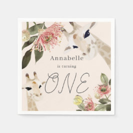 Giraffe Pink Floral Girl 1st Birthday スタンダードカクテルナプキン