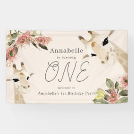 Giraffe Pink Floral Girl 1st Birthday 横断幕