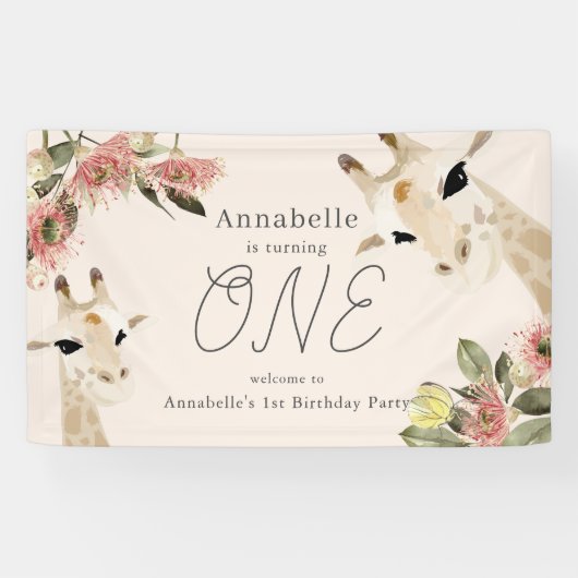 Giraffe Pink Floral Girl 1st Birthday 横断幕 (横)