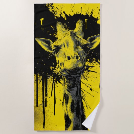 Giraffe Pop Art Portrait Yellow Black ビーチタオル (正面)