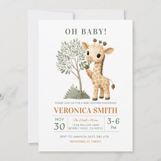 Giraffe Safari Jungle Baby Shower  招待状 (正面)