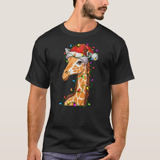 Giraffe Santa Christmas Tree Lighting Xmas Funny Tシャツ (正面)