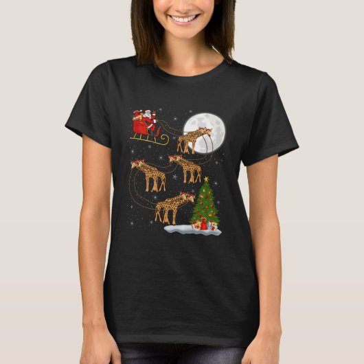 Giraffe Santa Sleigh Flying Funny Magical Christma Tシャツ (正面)
