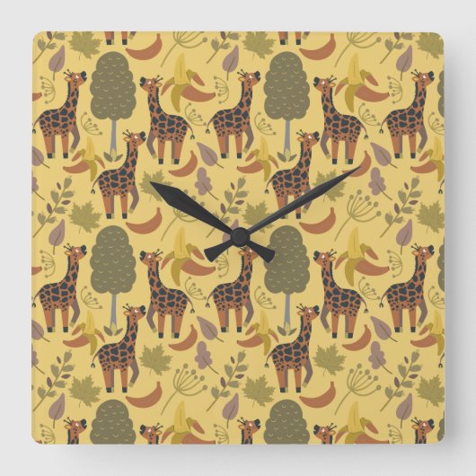 Giraffe seamless pattern yellow background スクエア壁時計 (正面)
