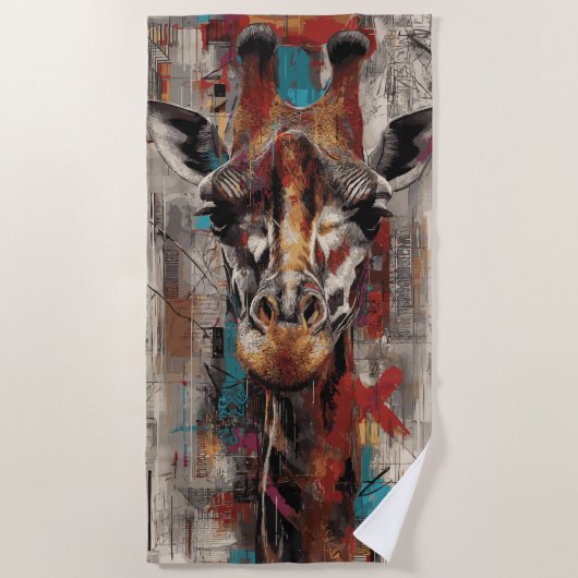 Giraffe Street Art Portrait ビーチタオル (正面)