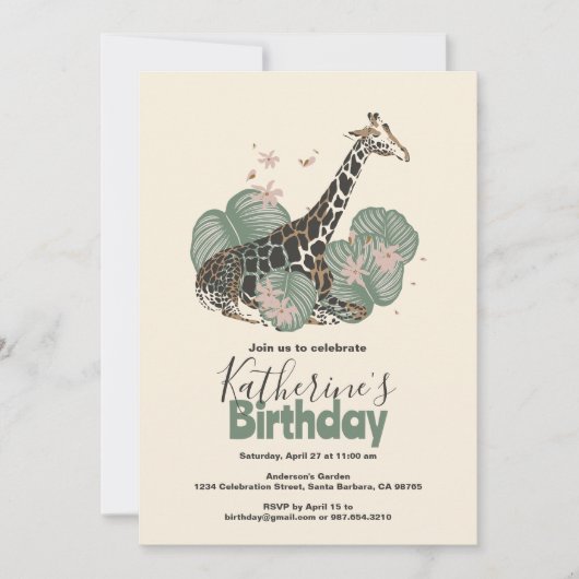 Giraffe Tropical Greenery Animal Birthday Party  招待状 (正面)