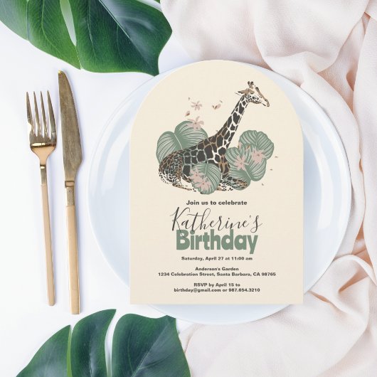 Giraffe Tropical Greenery Animal Birthday Party 招待状