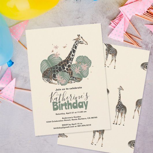 Giraffe Tropical Greenery Animal Birthday Party  招待状