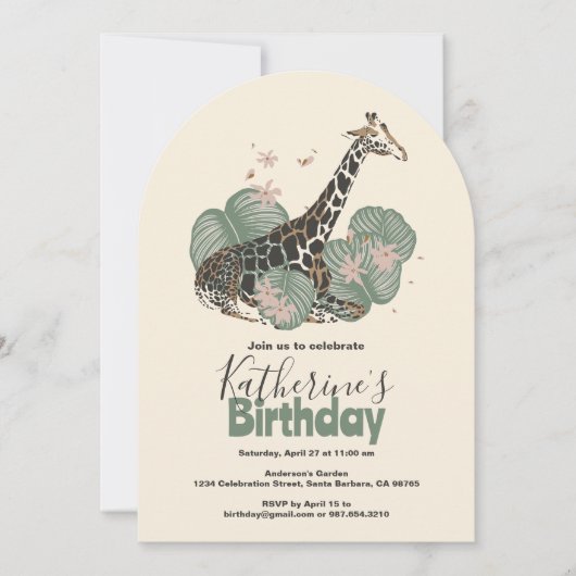 Giraffe Tropical Greenery Animal Birthday Party  招待状 (正面)
