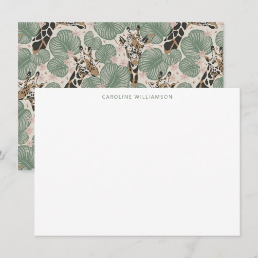 Giraffe Tropical Leaf Personalized Stationery  ノートカード (正面/裏面)
