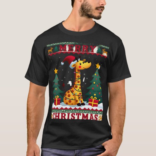 Giraffe Ugly Christmas Sweaters Funny Santa Hat Li Tシャツ (正面)