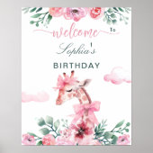 Giraffe Watercolor Floral Pink Ribbon Girl  ポスター (正面)