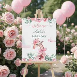 Giraffe Watercolor Floral Pink Ribbon Girl ポスター