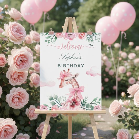 Giraffe Watercolor Floral Pink Ribbon Girl  ポスター