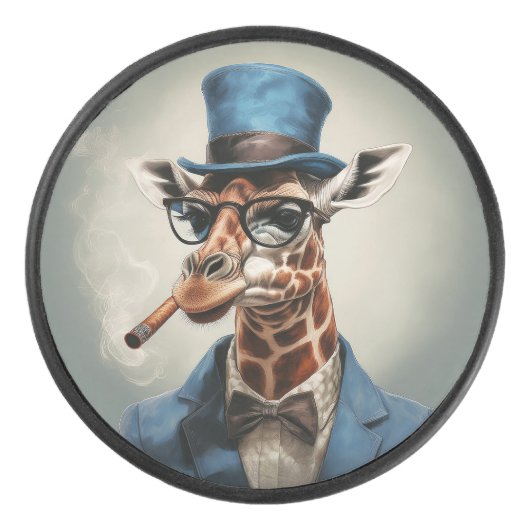Giraffe wearing a top hat smoking a cigar アイスホッケーパック (正面)