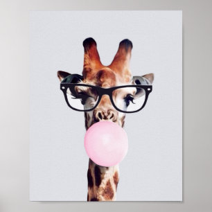 GIRAFFE WEARING GLASSES BLOWING A PINK BUBBLEGUM ポスター
