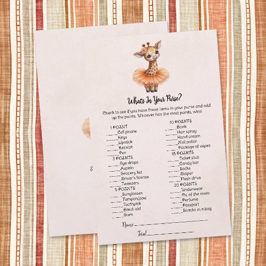 Giraffe What's In Your Purse Baby Shower Game Card 便箋
