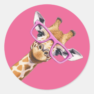 Giraffe with Pink Glasses Cute Animal Sticker ラウンドシール