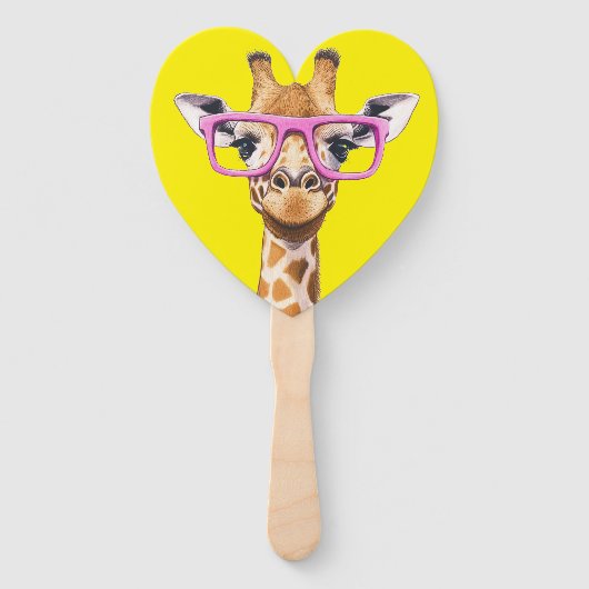 Giraffe with Pink Glasses Favors (yellow bg) ハンドファン (正面)