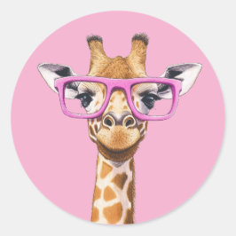 Giraffe with Pink Glasses Light Pink BG Sticker ラウンドシール