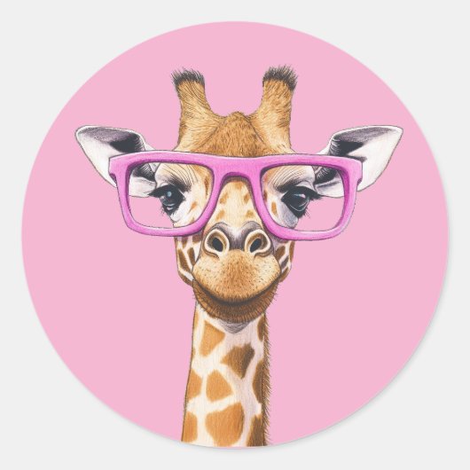 Giraffe with Pink Glasses Light Pink BG Sticker ラウンドシール (正面)
