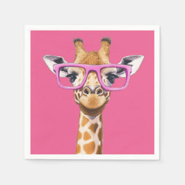 Giraffe with Pink Glasses - Pink Background スタンダードカクテルナプキン
