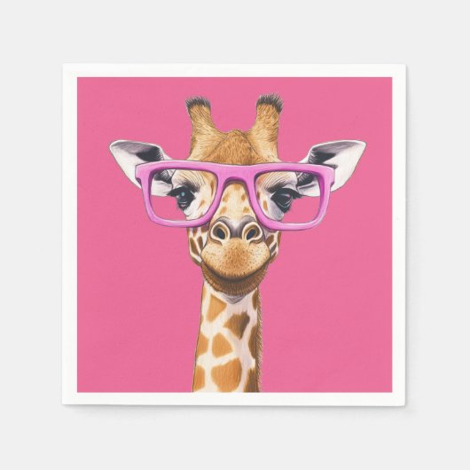 Giraffe with Pink Glasses - Pink Background スタンダードカクテルナプキン (正面)