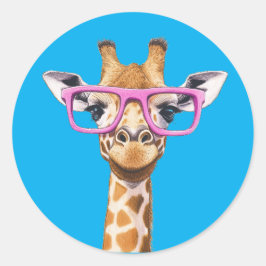 Giraffe with Pink Glasses Sticker Blue Background ラウンドシール