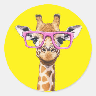Giraffe with Pink Glasses Yellow Backgrad. Sticker ラウンドシール