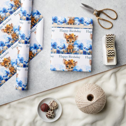 Giraffe with polka dot bow Happy Birthday ラッピングペーパー (クラフト)