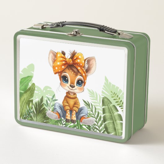 Giraffe with polka dot bow jungle メタルランチボックス (正面)