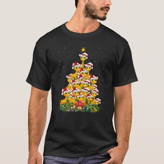 Giraffe  Xmas Lights Santa Giraffe Christmas Tree Tシャツ (正面)