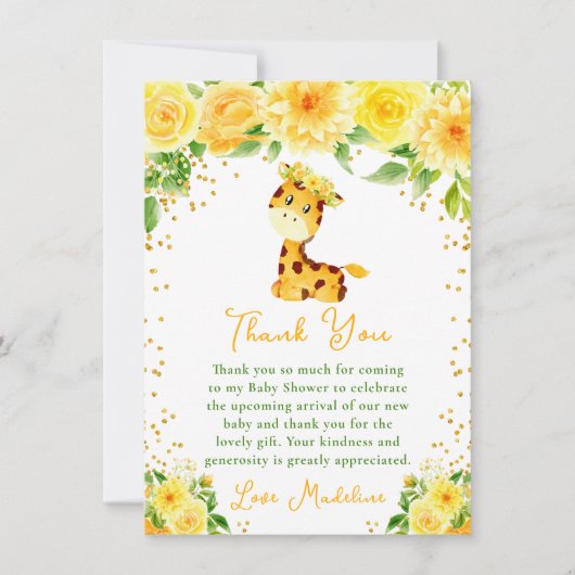 Giraffe Yellow Floral Baby Shower サンキューカード (正面)