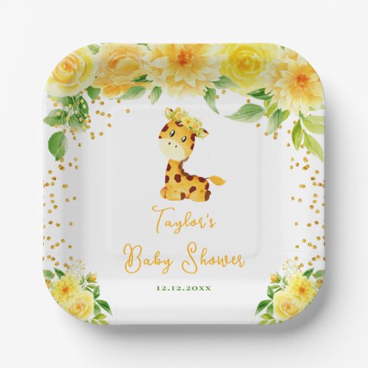 Giraffe Yellow Floral Baby Shower ペーパープレート (正面)