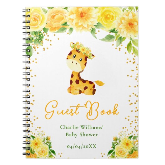 Giraffe Yellow Floral Baby Shower Guest Book ノートブック (正面)