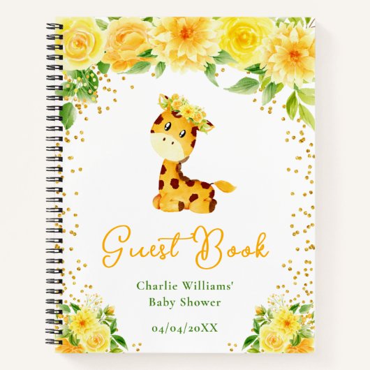 Giraffe Yellow Floral Baby Shower Guest Book ノートブック (正面)